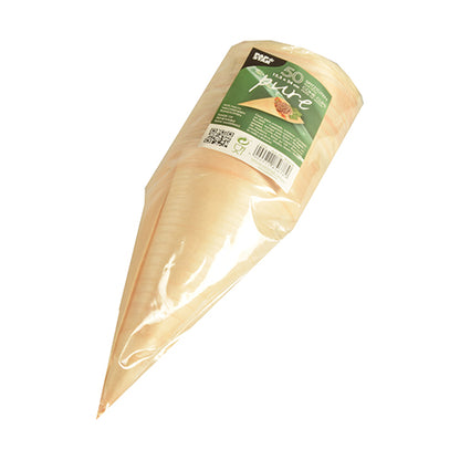 A pack of PAPSTAR 50 finger food cones, wood "pure" from PAPSTAR GmbH consists of environmentally friendly wooden cones with a green label and illustration, stacked and wrapped in clear foil.