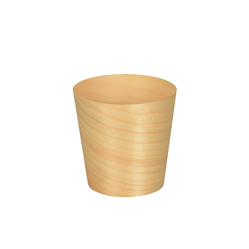 The 50 finger food bowls, wood "pure" round from PAPSTAR GmbH are small, lightweight wooden cups with natural grain and smooth edges – perfect for eco-friendly serving. Pictured on a simple white background.