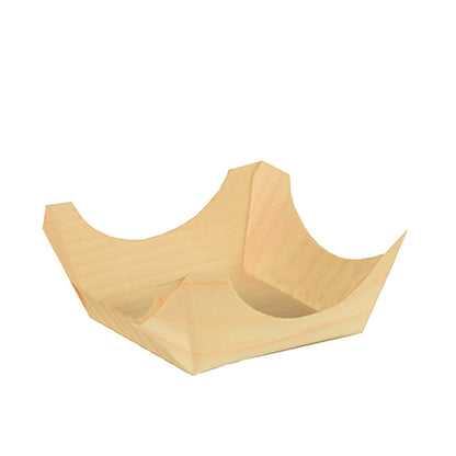 The PAPSTAR 50 finger food bowls wood "pure" round by PAPSTAR GmbH are small, lightweight trays with four pointed corners and a flat bottom, presenting an elegant appearance on a plain white background.