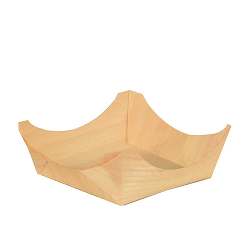 A small, empty, light PAPSTAR 50 finger food bowls "pure" round tray made of wood from PAPSTAR GmbH with raised, angled sides and elegant appearance, photographed on a simple white background.