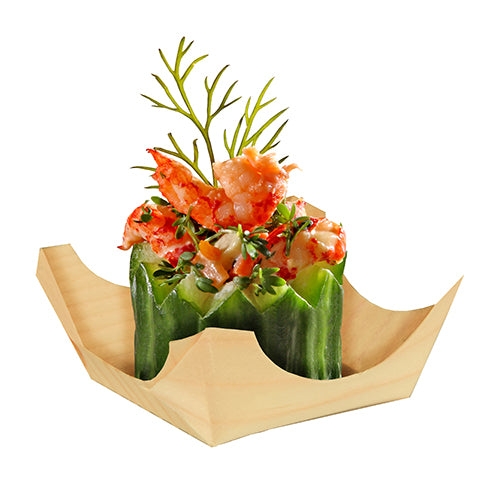 Chopped shrimp and herbs in cucumber bowls, garnished with dill, are served in PAPSTAR 50 finger food bowls wood "pure" round from PAPSTAR GmbH and provide an elegant presentation on a white background.