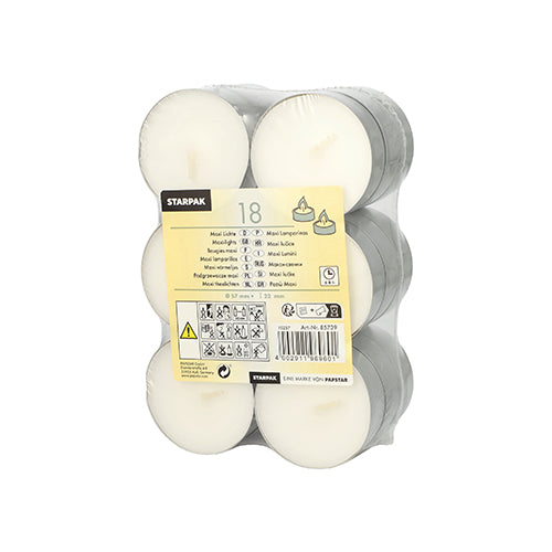 The Starpak 18 Maxi Lights pack (Ø 57 mm, 19 mm, white) contains 18 white tealights in aluminum cups, foil-wrapped, with a yellow multilingual label for instructions and warnings – ideal for atmospheric occasions.