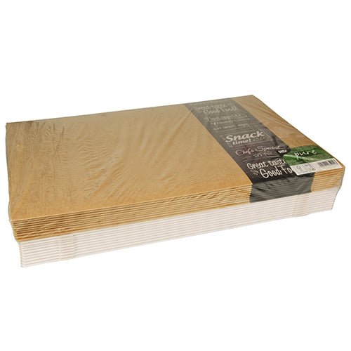 A stack of PAPSTAR 10 transport and catering boxes "pure" rectangular from PAPSTAR GmbH made from recyclable materials is wrapped in clear film and has a black-green label. The rectangular boxes are ideal for transport and catering.