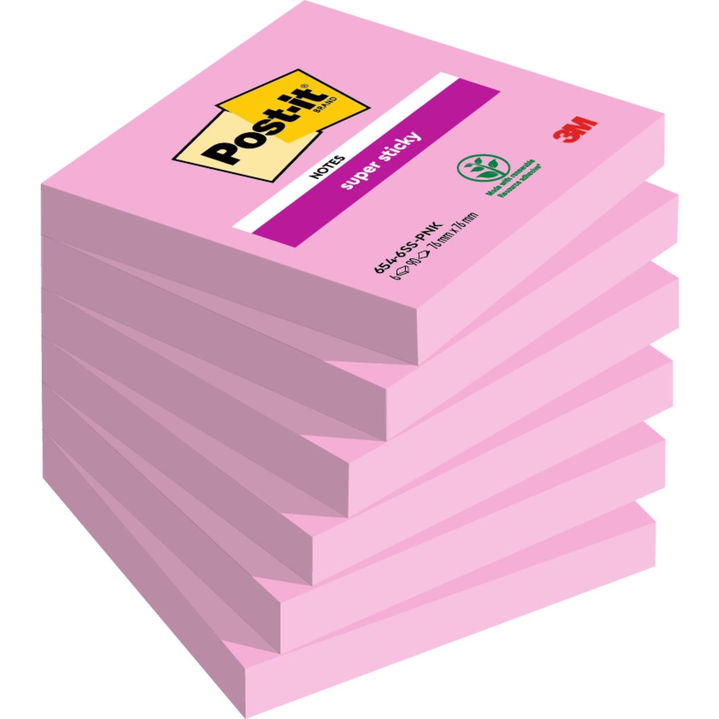 Ein Stapel von sieben rosafarbenen Post-it® Super Sticky Notes Blöcken (76 mm x 76 mm, je 90 Blatt, 100% PEFC) von 3M Deutschland GmbH.
