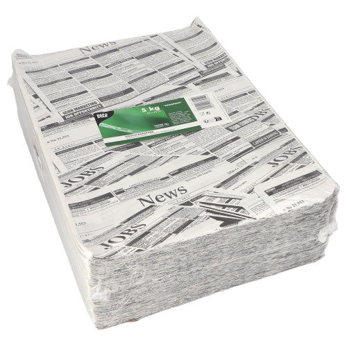A large stack of PAPSTAR 5 wrapping papers, 3cm x 2cm "Newsprint" from PAPSTAR GmbH, made from high-quality material and wrapped in foil with a green and white label (5 kg), ideal for packaging, with simulated newspaper articles and job advertisements.