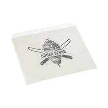 The PAPSTAR doner kebab bags, parchment substitute, 16x16 cm, greaseproof shrink wrap (1000 pieces) from PAPSTAR GmbH is a durable, white food packaging with a doner skewer and crossed knives along with the text "DONER KEBAB".