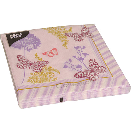 Eine Packung mit 20 3-lagigen Servietten (40 x 40 cm, 1/4-Falz) der PAPSTAR GmbH hat einen lavendelfarbenen Streifenrand mit rosa, gelben und violetten Blumen- und Schmetterlingsmotiven. Oben links befindet sich ein kleines schwarzes „Pap Star“-Etikett.