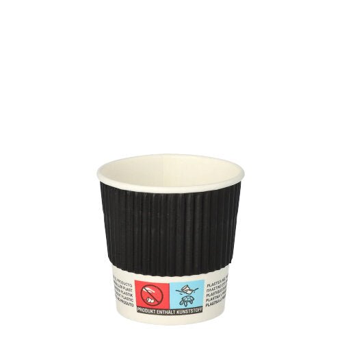 A single Starpak 25 drinking cup, paper “To Go” Ripple Wall disposable cup with a black corrugated sleeve and white bottom with warnings and symbols is empty and depicted against a plain white background.