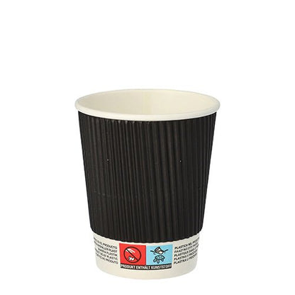 The Starpak 25 drinking cup, paper "To Go" Ripple Wall, is a black cup with a ribbed sleeve and white rim. Labels on the bottom provide product and recycling information, emphasizing its eco-friendly features.