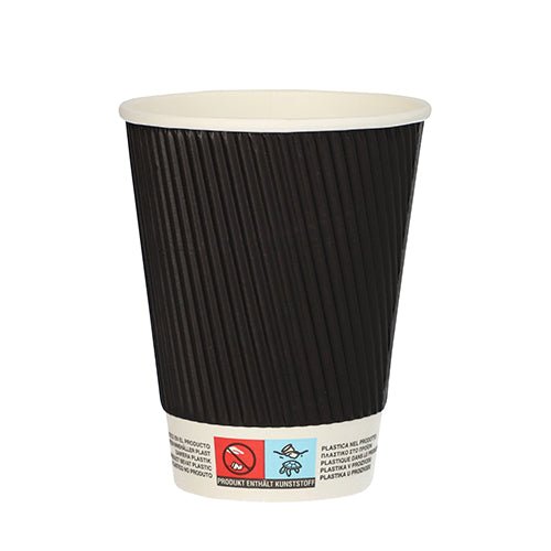 A black Starpak 25 drinking cup “To Go” Ripple Wall cup with a ribbed exterior, white interior, and a label near the bottom with recycling and warning symbols stands upright empty against a white background.