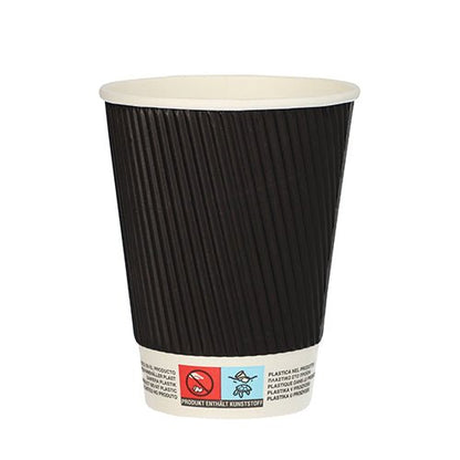 A black Starpak 25 drinking cup “To Go” Ripple Wall cup with a ribbed exterior, white interior, and a label near the bottom with recycling and warning symbols stands upright empty against a white background.