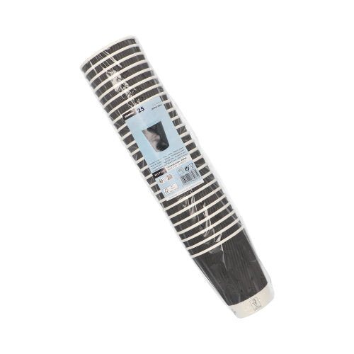A pack of 25 black Starpak “To Go” Ripple Wall paper cups with white stripes, wrapped in plastic film. The blue label shows the Starpak brand and highlights these stylish disposable drinking cups against a white background.