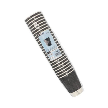 A pack of 25 black Starpak “To Go” Ripple Wall paper cups with white stripes, wrapped in plastic film. The blue label shows the Starpak brand and highlights these stylish disposable drinking cups against a white background.