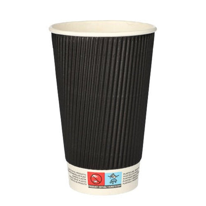 A black Starpak 25 drinking cup “To Go” Ripple Wall paper cup with a white interior and white bottom, printed with symbols and warnings on the bottom, is depicted against a plain white background.
