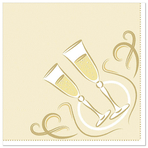 The PAPSTAR 50 napkins "ROYAL Collection" 1/4-fold 40 x 40 cm gold from PAPSTAR GmbH features a beige napkin with two touching champagne glasses, bubbles, and golden swirls in a circular design.