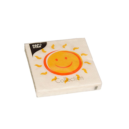 A pack of 20 napkins from PAPSTAR GmbH, 25 cm x 25 cm, 3-ply, quarter-folded napkins with a yellow smiling sun with orange rays; “Collection” on the front and Pap Star logo in the top left corner.