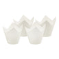 Four white PAPSTAR baking molds "Tulip" (Ø 5 cm, 8.5 cm) from PAPSTAR GmbH are grouped in front of a simple white background. Ideal for baking, available in packs of 200 pieces.