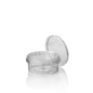 The Starpak 36 deli cup is a clear, round 240 ml PP container (Ø 9.5 cm, height 5.6 cm) with a tamper-evident seal and shrink wrap, shown open with the matching, side-tilted lid on a white background.