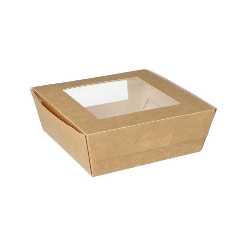 The 25 gourmet boxes from PAPSTAR GmbH are brown, rectangular take-out boxes made from environmentally friendly cardboard with a transparent PLA window on top, shown closed against a white background for sustainable packaging.