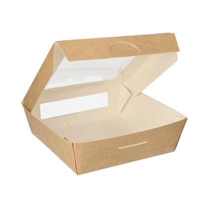 The PAPSTAR 25 gourmet boxes made of cardboard with a PLA window (square) from PAPSTAR GmbH are sustainable, environmentally friendly packaging for fresh foods – ideally presented on a simple white background.