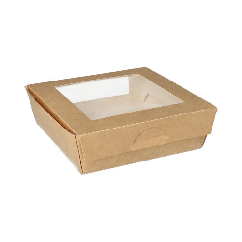 A closed, empty PAPSTAR 25 gourmet box (cardboard with PLA window, square) from PAPSTAR GmbH on a white background – made from sustainable materials like environmentally friendly packaging.