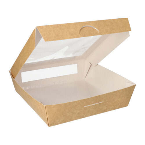 The PAPSTAR 25 gourmet boxes from PAPSTAR GmbH are rectangular cardboard boxes with a PLA window, shown open and empty, made from sustainable materials for environmentally friendly packaging on a simple white background.