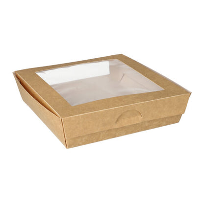 The PAPSTAR 25 gourmet boxes made of cardboard with a PLA window are square, brown boxes from PAPSTAR GmbH, depicted closed and empty on a white background.