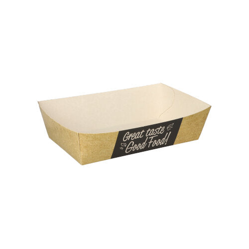 A rectangular, biodegradable PAPSTAR 50 French fries tray "pure" (3.5 x 7 cm) with short sides and a black "Good Food" label stands empty on a white background. Brand: PAPSTAR GmbH.
