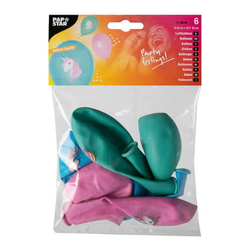 Eine transparente Kunststoffpackung mit sechs bunten Luftballons (Ø 29 cm) der PAPSTAR GmbH mit Einhorn-Aufdruck. Das obere Etikett zeigt „PAPSTAR“ sowie Abbildungen von Luftballons und lächelnden Menschen. Erhältlich in Blau, Grün und Pink.