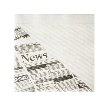 A folded Starpak 50 snack napkin, fabric-like, Airlaid 1/4-fold (32.5 x 30.5 cm) in white "Newsprint" design, with "News" and advertisements in black and white – ideal for a stylish table decoration.