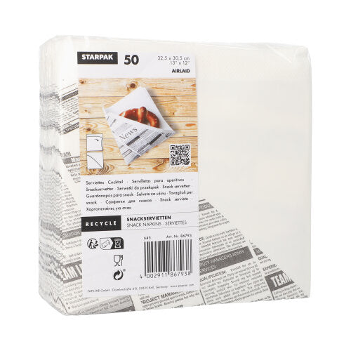 A pack of 50 Starpak Airlaid snack napkins (32.5 x 30.5 cm, white, newspaper print design), fabric-like with 1/4-fold, in a foil bag. Includes recycling symbols and product details on the label.