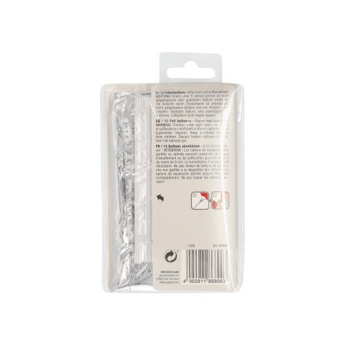 Clear packaging with a PAPSTAR foil balloon set "Happy Birthday" from PAPSTAR GmbH; back with printed instructions, barcode, and "Happy Birthday" motifs. Top with hanging tab for presentation.