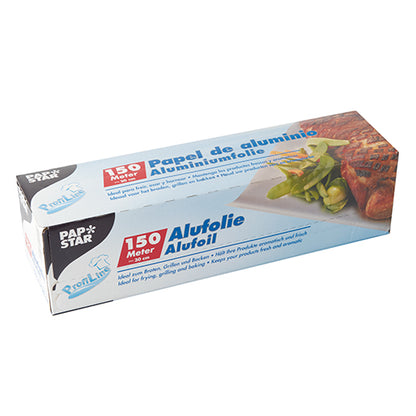 A rectangular Starpak aluminum foil in a folding box, labeled “150 meters”, with multilingual text and a food image on the front – perfect for versatile use in the kitchen.
