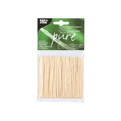 A 50-pack of PAPSTAR wooden French fry forks "pure", 8.5 cm, from PAPSTAR GmbH is seen in a transparent bag with a green-white label and product information.