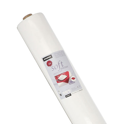 Pictured is a large roll of Starpak tablecloth, fabric-like, fleece 'soft selection' (25 m x 1.18 m, white) with a label featuring a pillow symbol and product details, photographed against a plain white background.