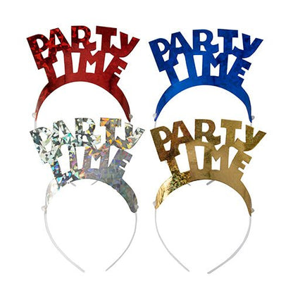 The PAPSTAR 4 headbands color assorted "Metallic" from PAPSTAR GmbH are made of plastic headbands with the inscription "PARTY TIME" in bold letters, each in metallic shiny red, blue, silver or gold - ideal for parties.
