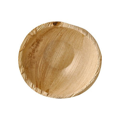 The PAPSTAR 25 bowls, palm leaf "pure" round from PAPSTAR GmbH are round, flat disposable bowls made of light palm leaf with visible grain - ideal for sustainable events.