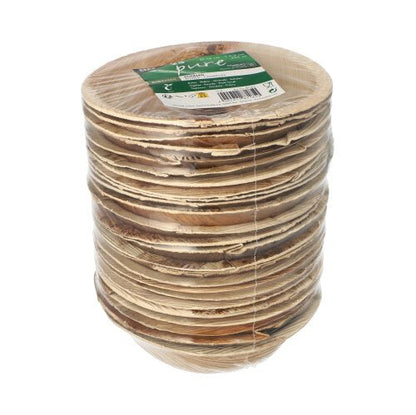 PAPSTAR 25 bowls, palm leaf "pure" round from PAPSTAR GmbH: Round, biodegradable bowls made of palm leaf, packaged in foil with green-white label - ideal for sustainable events.