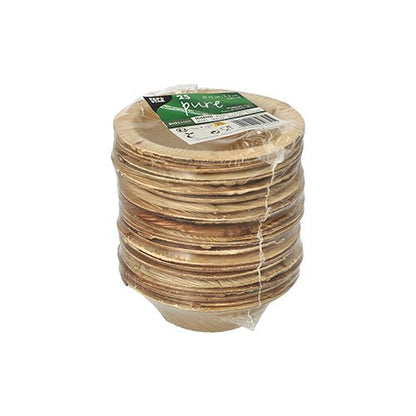 25 round palm leaf bowls from the brand PAPSTAR GmbH, "pure" series, in eco-friendly clear packaging with a green-white label – perfect for sustainable events.