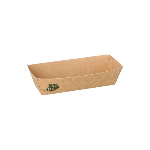 An 80-pack of snack trays made from "pure" brown paper from PAPSTAR GmbH, rectangular with angled sides and green "100% FAIR" print, depicted on white; biodegradable and environmentally friendly.