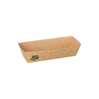 An 80-pack of snack trays made from "pure" brown paper from PAPSTAR GmbH, rectangular with angled sides and green "100% FAIR" print, depicted on white; biodegradable and environmentally friendly.