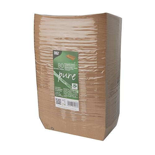 A stack of 80 PAPSTAR snack trays, cardboard "pure" brown "100% Fair", from PAPSTAR GmbH, environmentally friendly and biodegradable, in clear film with a green front label with product and sustainability information.