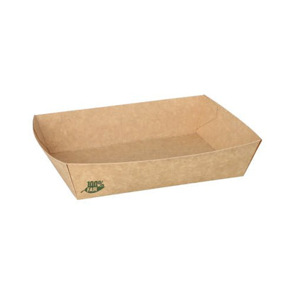 A rectangular brown PAPSTAR 80 snack trays, cardboard "pure" bowl from PAPSTAR GmbH with angled sides and a small green "100% FAIR" logo on the left inner wall is shown empty on a white background. The bowl is environmentally friendly.