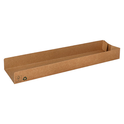 The 80 snack trays from PAPSTAR GmbH, cardboard "pure" brown "100% Fair", are rectangular flat brown cardboard trays with a slightly raised edge, recycling symbols inside, and an environmentally friendly, biodegradable design.