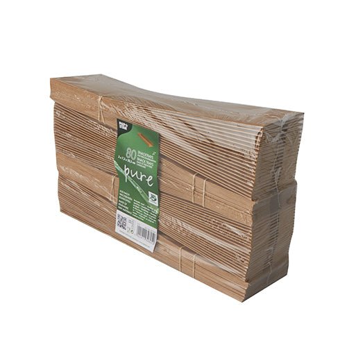 A stack of PAPSTAR 80 snack trays, cardboard "pure" brown from PAPSTAR GmbH is delivered in transparent film with a green label; made from 100% fair cardboard - ideal for environmentally friendly and biodegradable disposal.