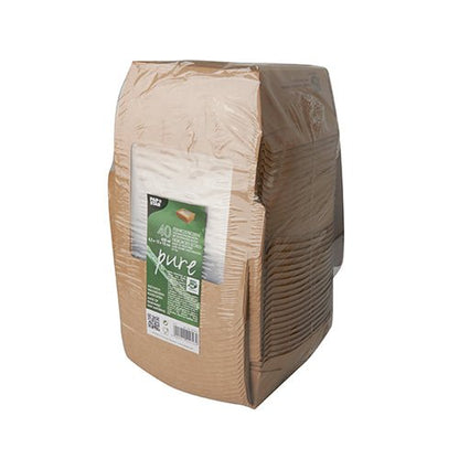 A sealed package with 40 PAPSTAR delicatessen boxes square, brown with viewing window (650 ml), "100% Fair" from PAPSTAR GmbH. Rectangular, ribbed disposable trays made of clear plastic - eco-friendly disposable packaging with product label.