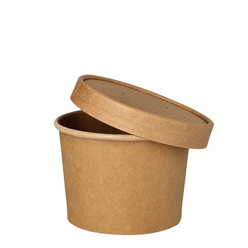 A brown, round PAPSTAR soup cup (9.8 cm) for soups and snacks stands empty with the matching lid tilted upwards on a white background. Pack of 25 pieces from PAPSTAR GmbH.