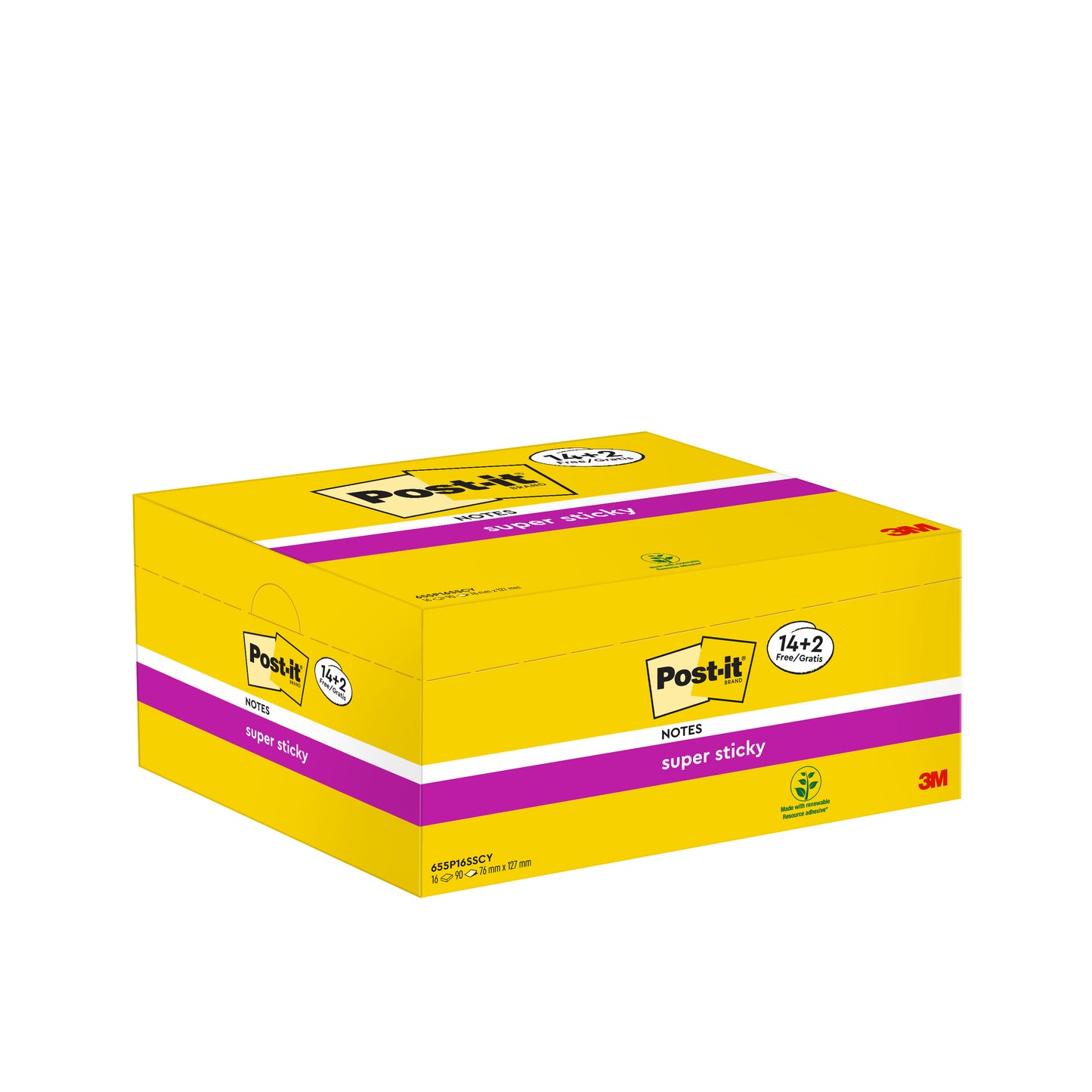 Abgebildet ist eine Packung Post-it® Super Sticky Notes, Gelb, 76x127 mm, 90 Blatt pro Block, 14 Blöcke plus 2 gratis pro Packung (100% PEFC) von 3M Deutschland GmbH auf weißem Hintergrund.