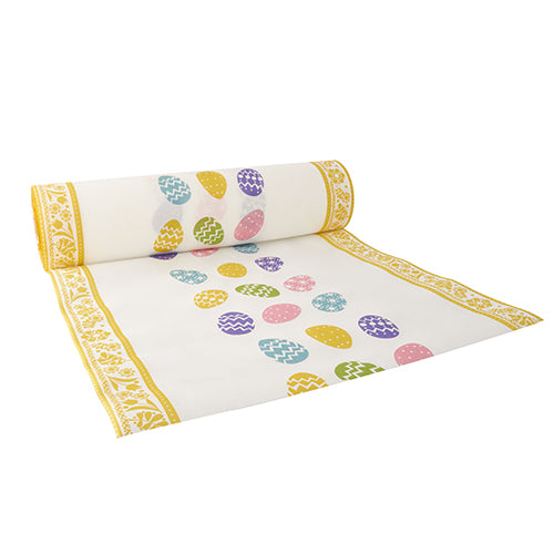The PAPSTAR table runner (24 m x 40 cm, Airlaid, fabric-like) from PAPSTAR GmbH is white with a yellow border and colorful Easter egg patterns - ideal as an elegant table decoration for festive occasions.