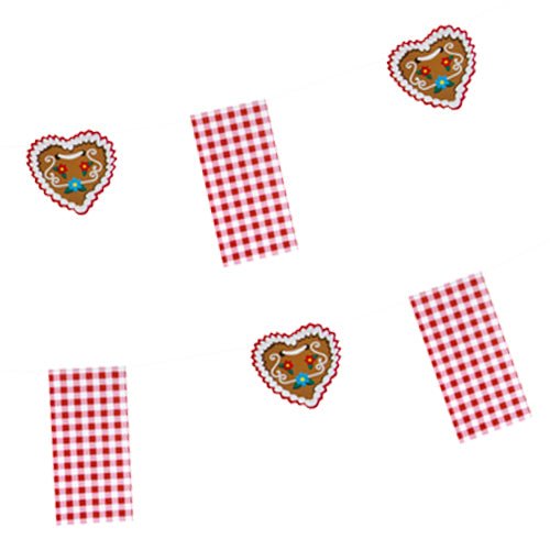 The PAPSTAR paper bunting "Hüttengaudi" (4 m) from PAPSTAR GmbH is a festive party decoration with red and white checkered flags and heart-shaped gingerbread motifs decorated with white and blue icing. The background is plain white.